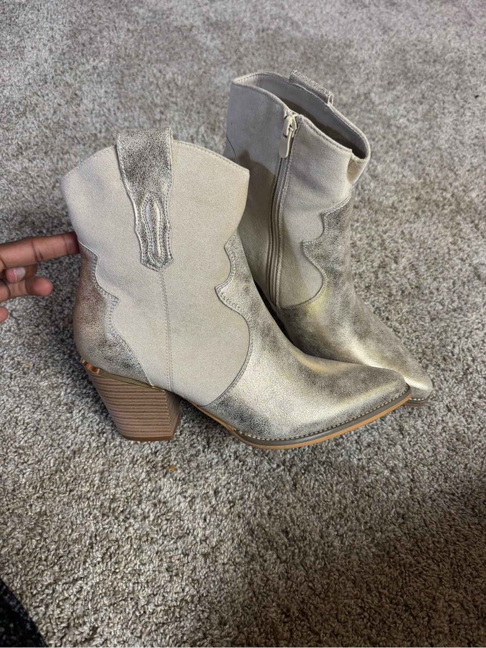 Metallic Cream Western Ankle Boots with Block Heel